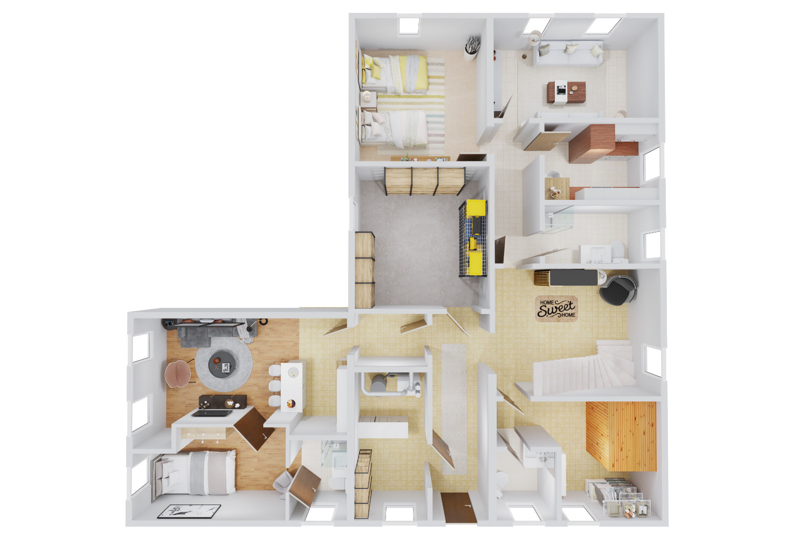 3D-Grundriss Mehrfamilienhaus – L-förmiger Wohnungsgrundriss mit möblierter Draufsicht, Schlafzimmer, Küche und Wohnbereich