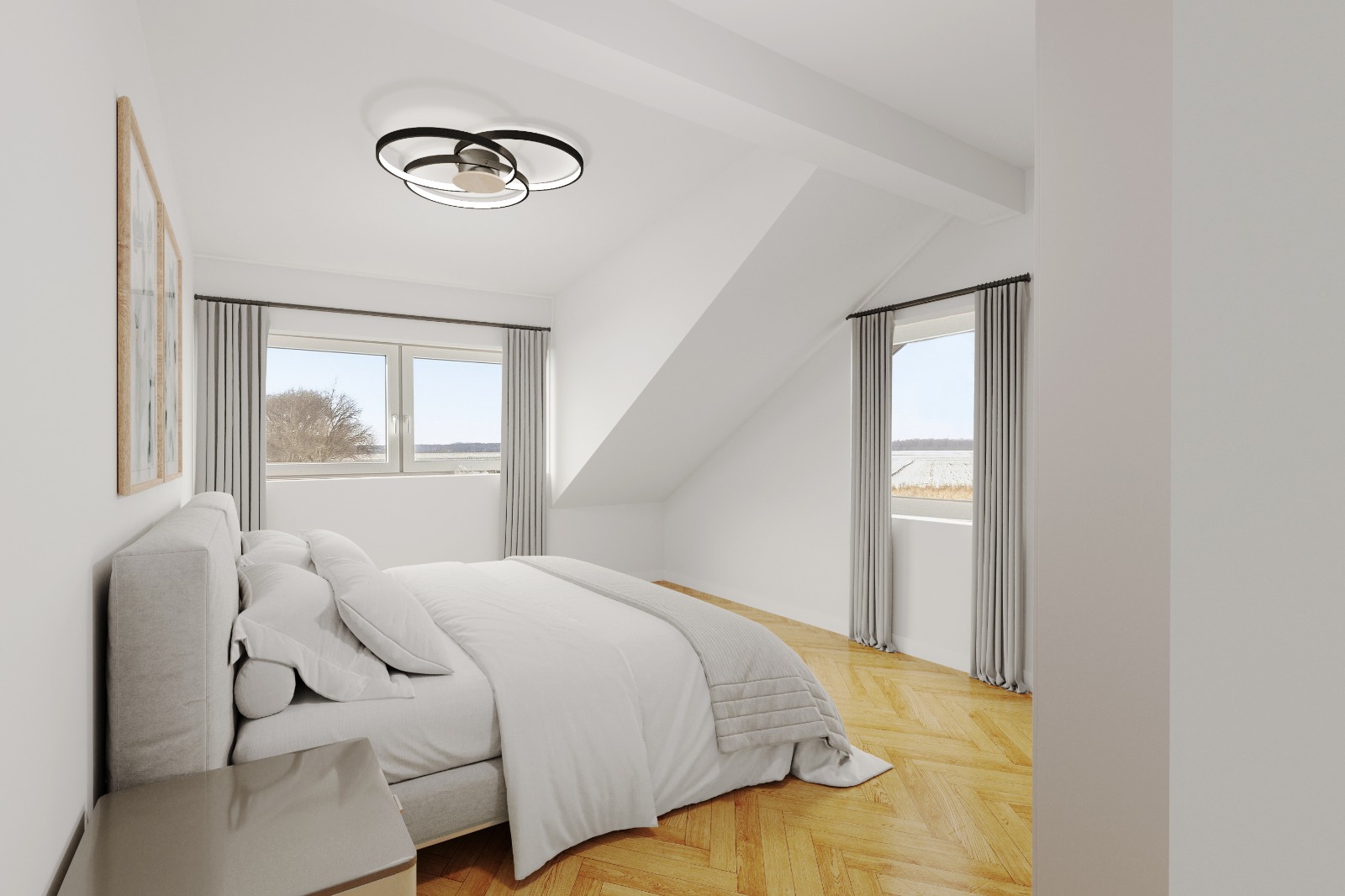 Elegantes Schlafzimmer mit Parkettboden nach Virtual Staging
