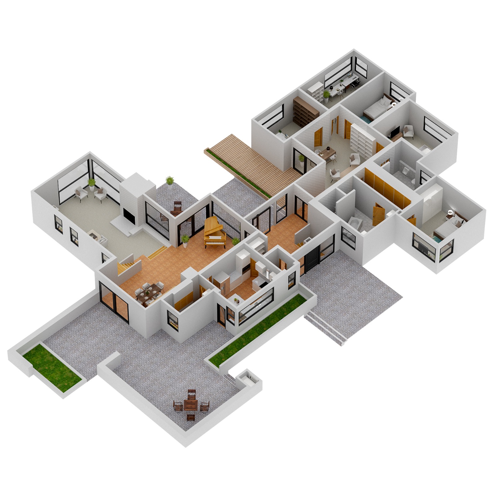3D-Grundriss modernes Haus – Isometrische Ansicht mit Innenhof, modernem Design und Flachdach