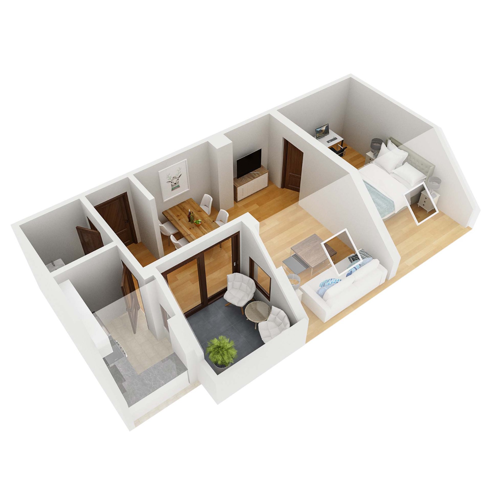 3D-Grundriss kleine Wohnung – Isometrische Ansicht einer kompakten 2-Zimmer-Wohnung mit Balkon
