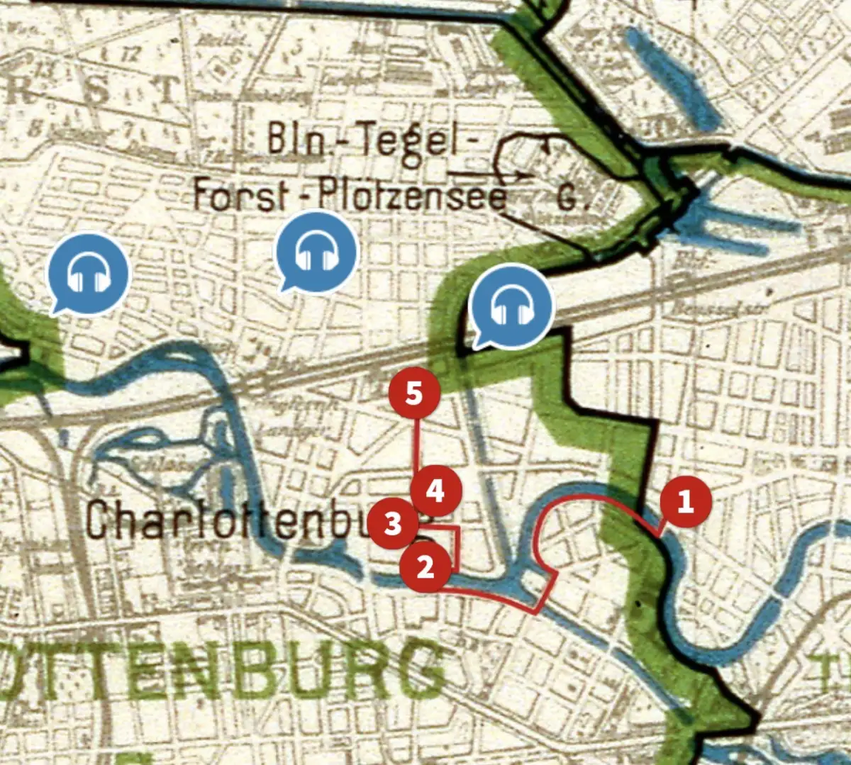 Historische Karte mit Audio-Guide-Stationen