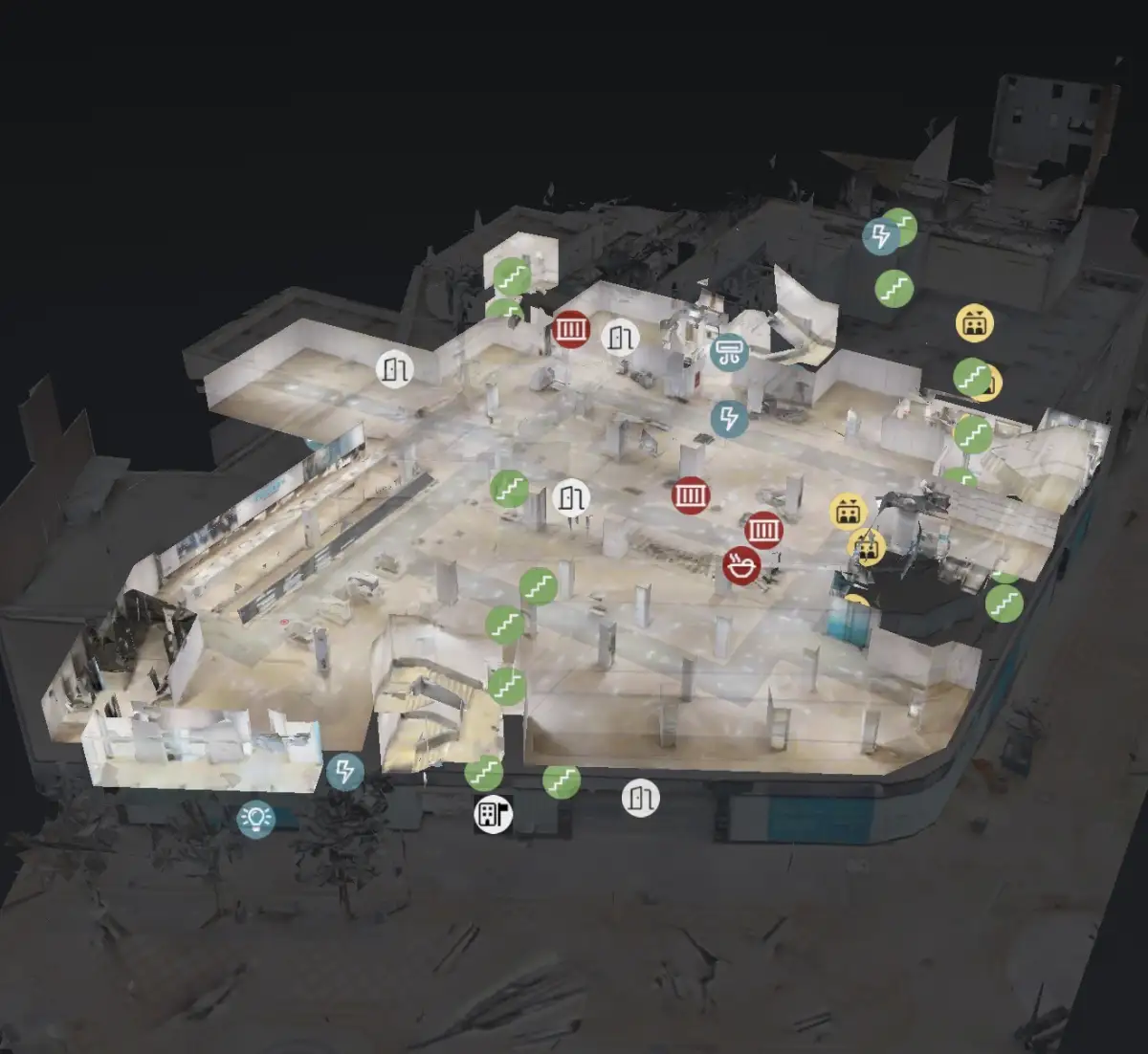 3D-Dollhouse-Ansicht einer Gewerbeimmobilie mit Infopoints