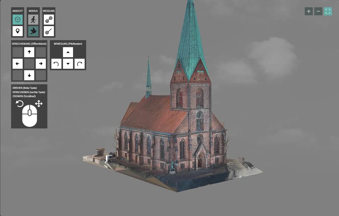 3D-Luftmodell Nikolaikirche Kiel – Gesamtansicht der digitalisierten Kirche mit Kupferdach und Backsteinfassade