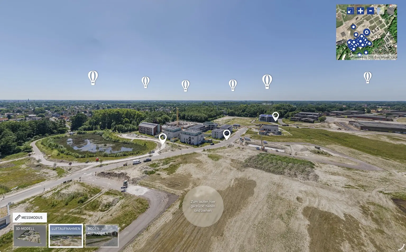 Digitaler Rundgang durch ein Baufeld mit Luftpanorama und Aufnahmepunkten