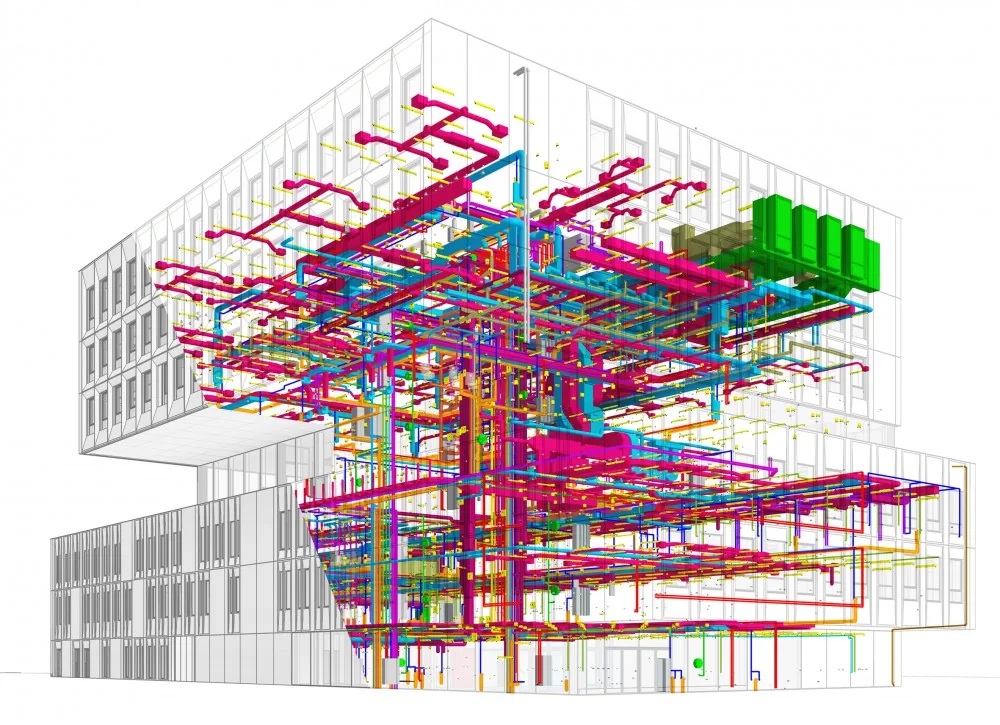 BIM-Modell Bürogebäude mit farbigen Leitungssystemen