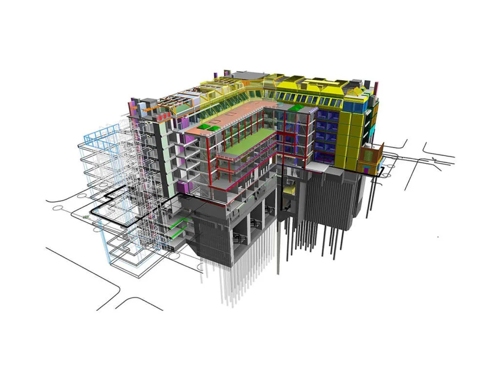 BIM-Modell mit farbcodierten Gewerken – isometrische Ansicht