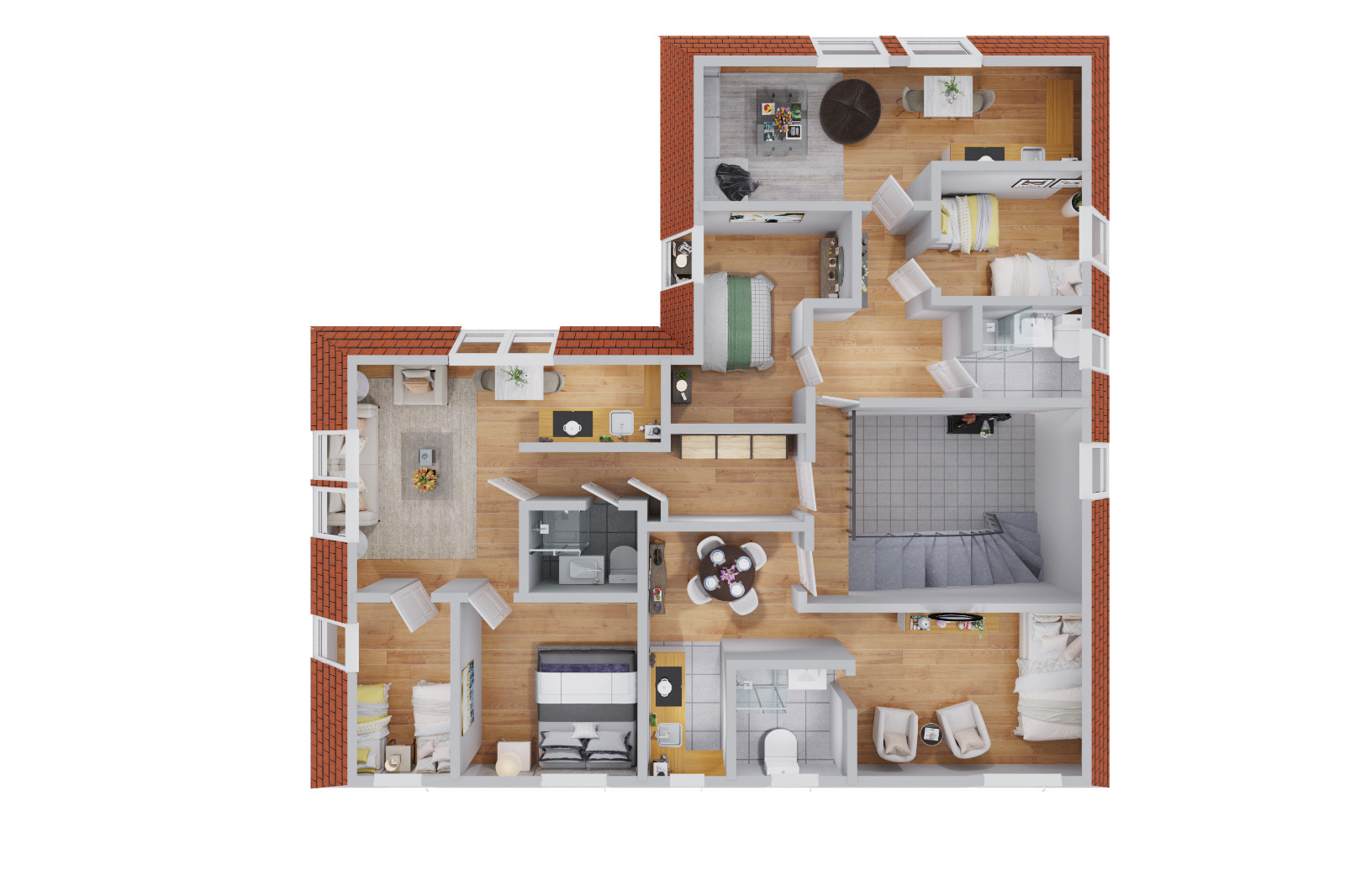 3D-Grundriss Altbauwohnung – Backsteinmauern, Holzböden und klassische Raumaufteilung in der Draufsicht