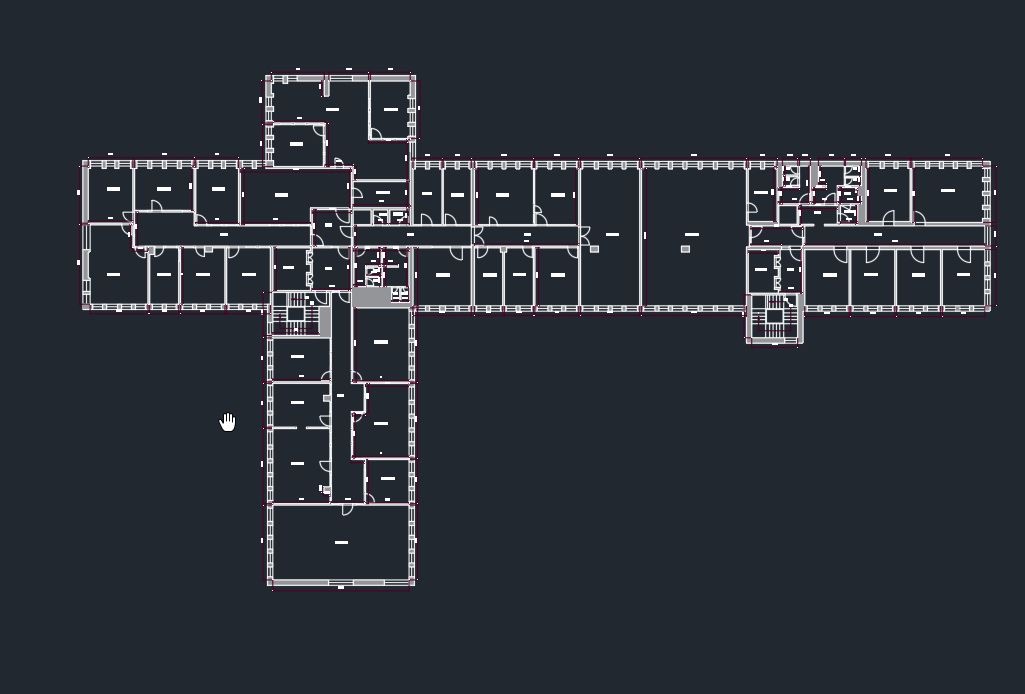 Bürokomplex – CAD-Grundriss in AutoCAD, T-förmiges Gebäude mit vielen Büroräumen
