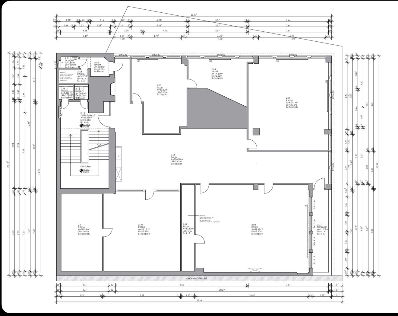 Denkmalgeschütztes Wohngebäude – CAD-Grundriss mit Flächenangaben und Bemaßung