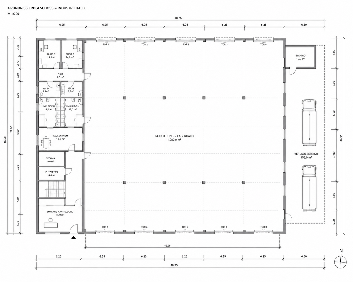 Produktions-/Industriehalle – CAD-Grundriss Erdgeschoss, Maßstab 1:200 mit allen Räumen