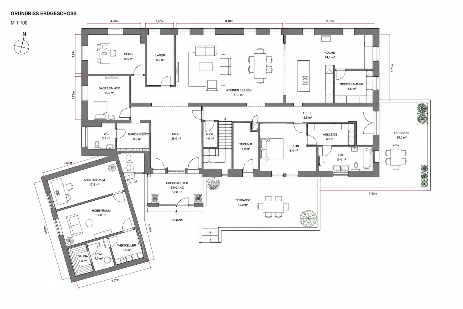 Villa Erdgeschoss – CAD-Grundriss mit Möblierung, Maßstab 1:100, alle Räume bemaßt