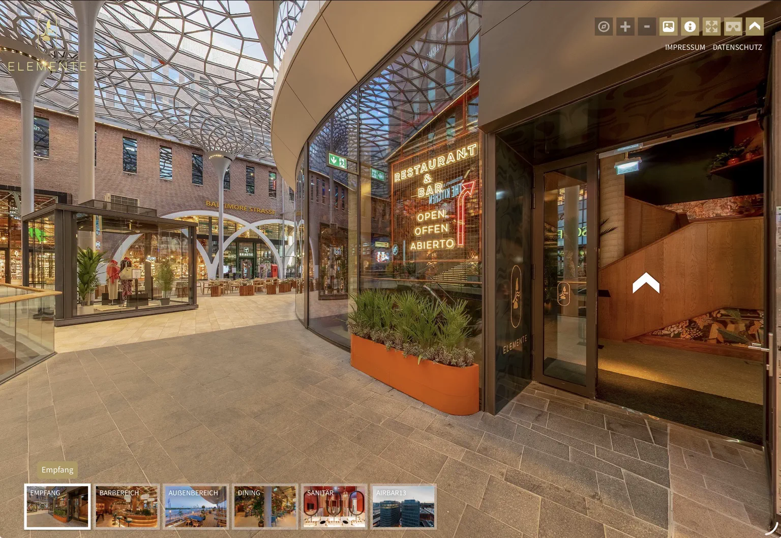Eingang des ELEMENTE Restaurants im Westfield Hamburg-Überseequartier im klassischen 360°-Rundgang