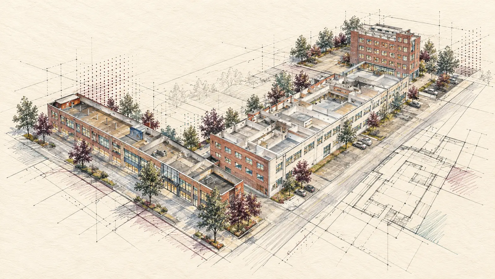 Stilisierte Buntstiftillustration des Gewerbeparks mit zeichnerischen Vermessungslinien