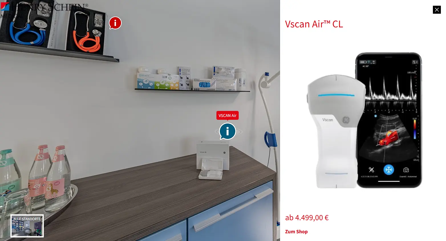 Interaktiver Infopunkt im Henry-Schein-Medical-Rundgang mit Produktansicht des GE HealthCare Vscan Air und Shop-Link