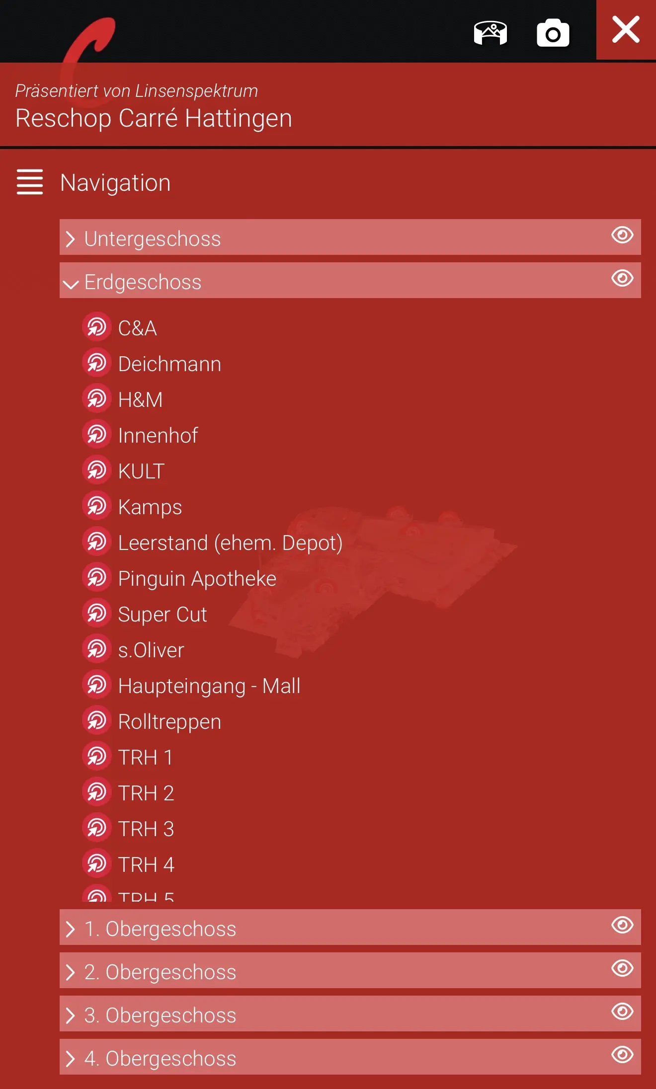 Navigation der internen Gebäudedokumentation nach Geschossen und Bereichen
