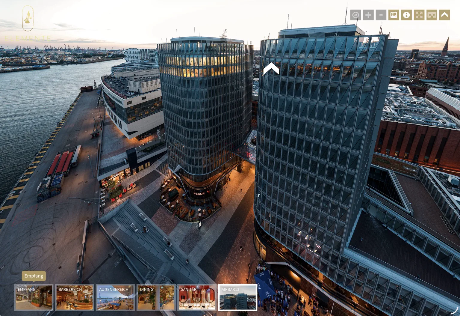 Luftaufnahme der Türme am Westfield Hamburg-Überseequartier an der Elbe zur blauen Stunde
