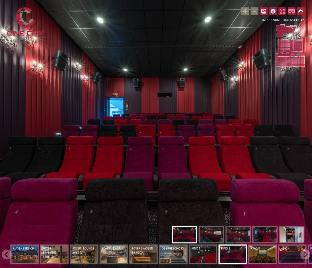 CineCity Verden – Kinosaal mit roten Samtsesseln im 360°-Rundgang