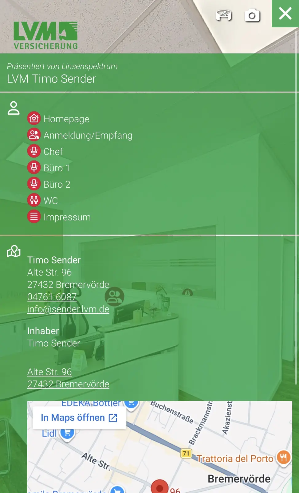 Kontakt- und Menüansicht der digitalen LVM-Agentur