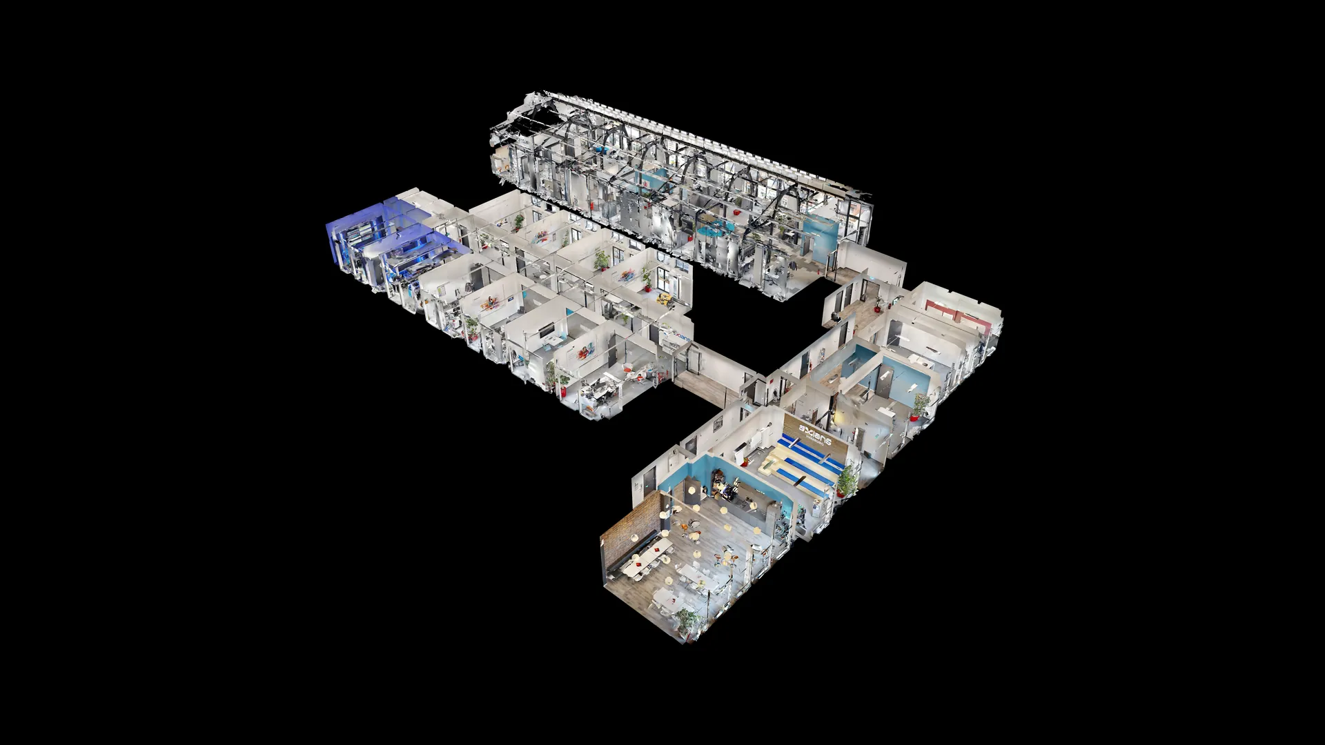 Moderner Bürokomplex über mehrere Etagen – Matterport Dollhouse Ansicht
