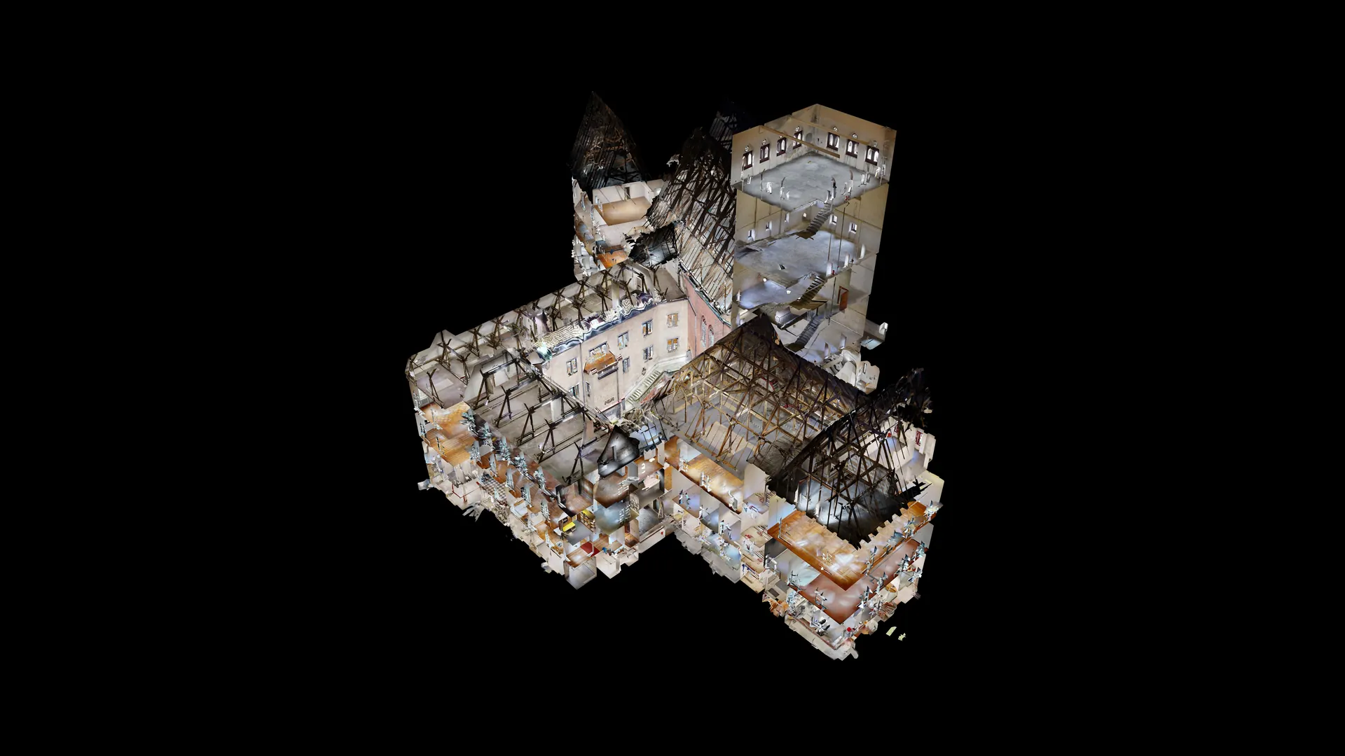 Mehrstöckiges Schlossgebäude mit Innenhof – Matterport Dollhouse Ansicht