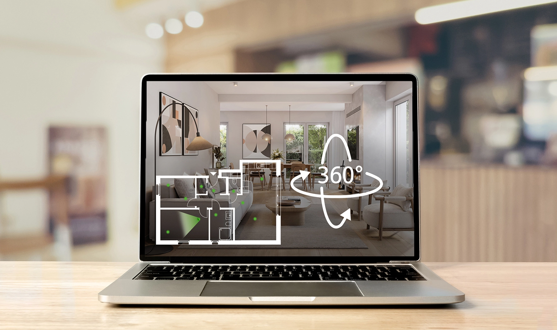 Laptop zeigt virtuellen Rundgang durch eine Immobilie