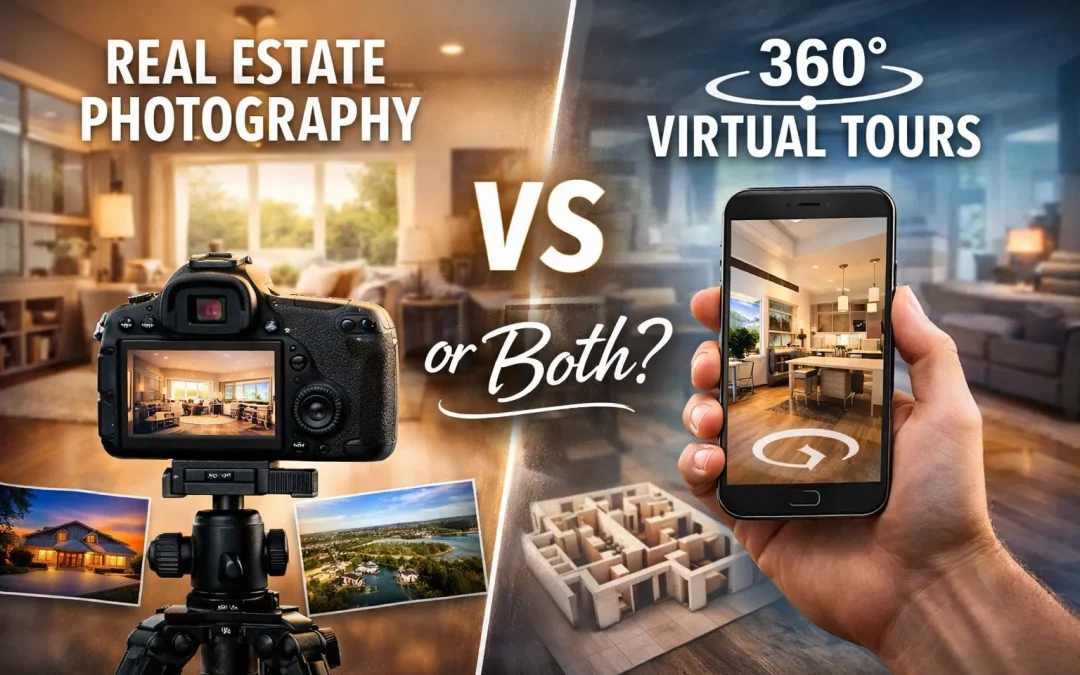 Eine Kamera auf einem Stativ neben einem Smartphone, das eine virtuelle 360-Grad-Tour zeigt, mit dem Text 'REAL ESTATE PHOTOGRAPHY VS 360 VIRTUAL TOURS'.