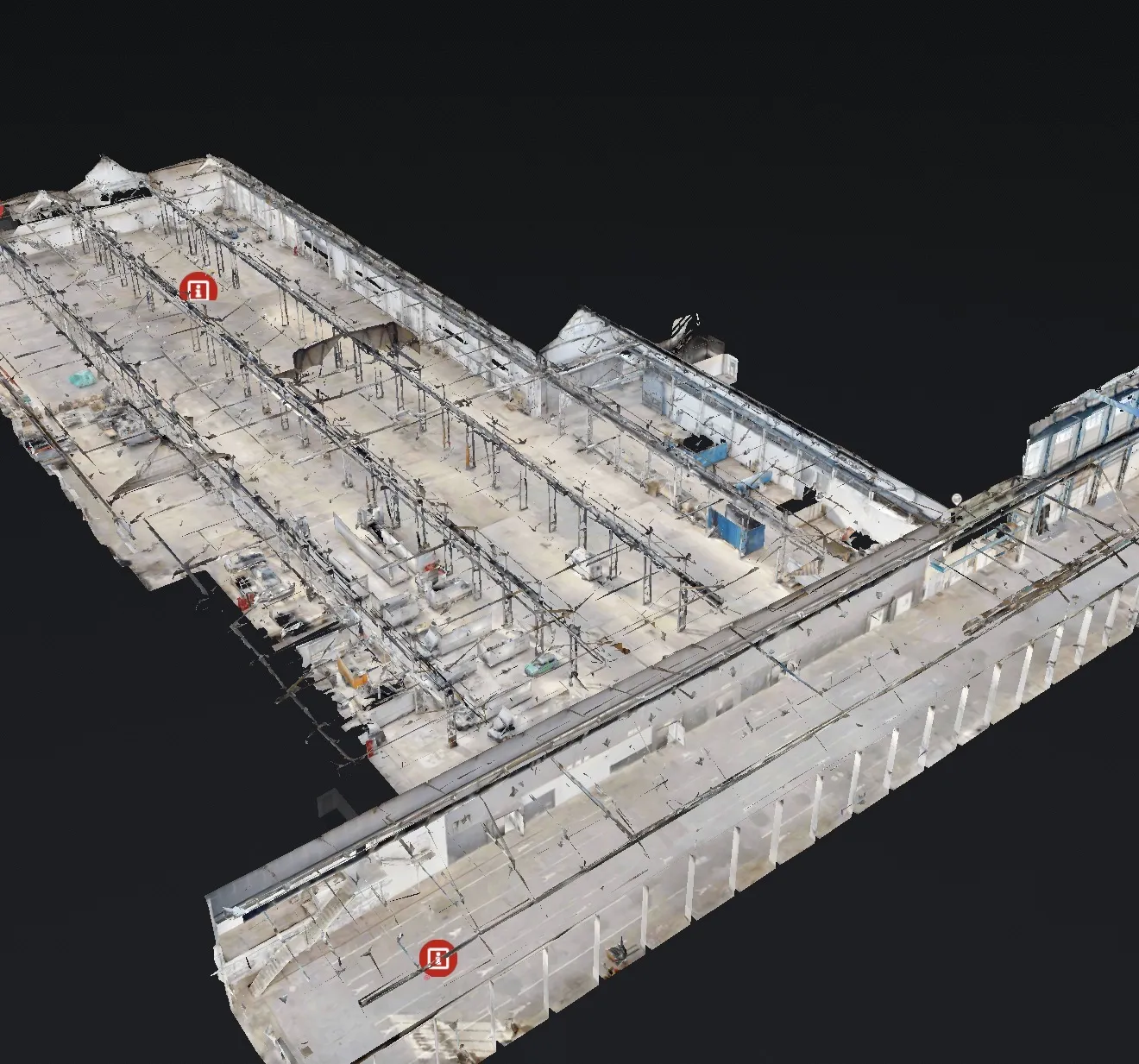 3D-Modell einer Industrieanlage in der Vogelperspektive – Dachkonstruktion und Hallenlayout vollständig erfasst