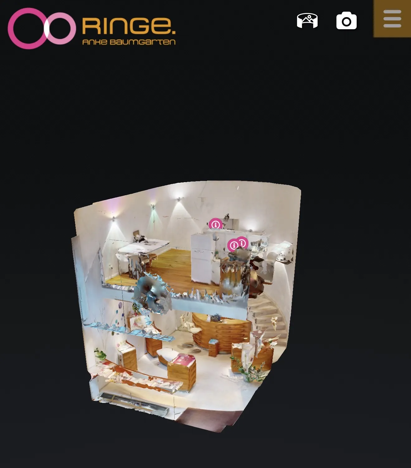 Matterport Dollhaus-Ansicht mit Infopunkten – Juweliergeschäft 2 Etagen