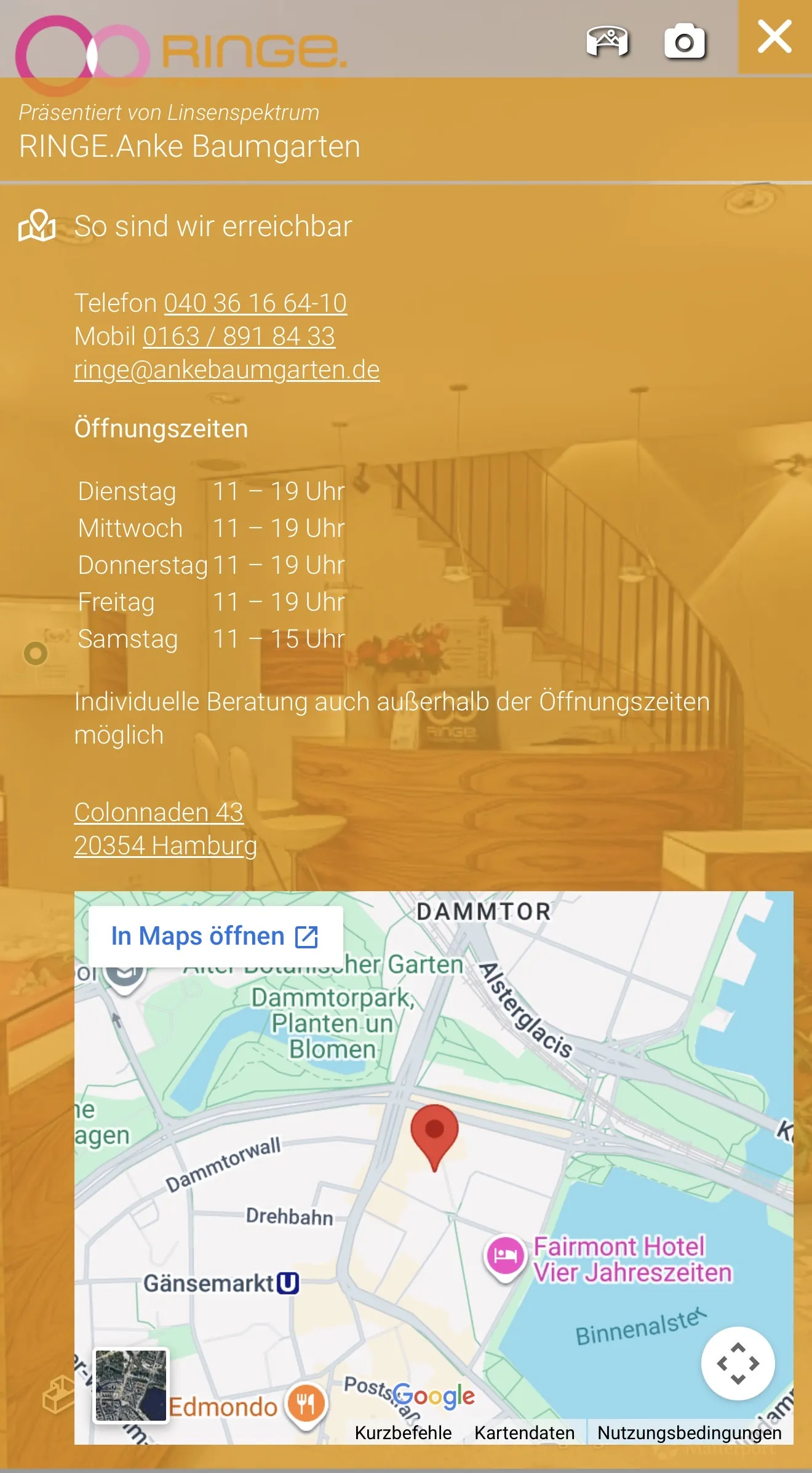 Matterport Menü mit Kontaktdaten und Öffnungszeiten – Juwelier