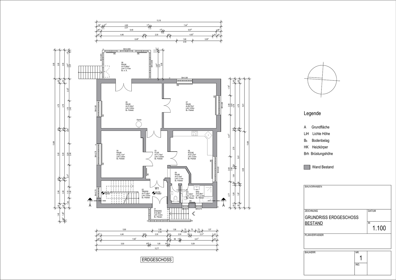 Muster eines CAD-Bestandsgrundrisses aus einem Architektenaufmaß im Maßstab 1 zu 100