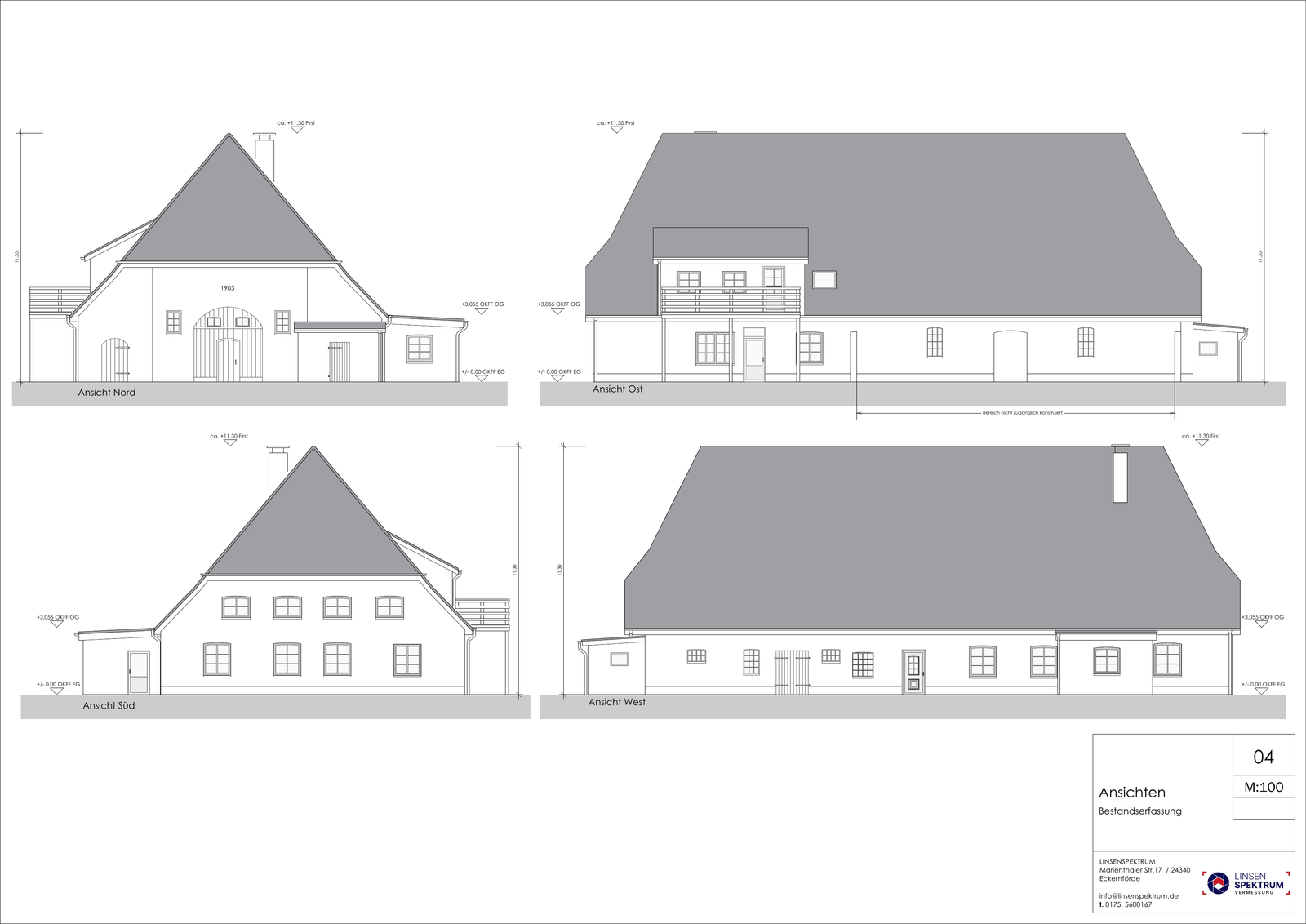 Muster mit Nord-, Ost-, Süd- und Westansicht eines Gebäudes aus einem Architektenaufmaß im Maßstab 1 zu 100
