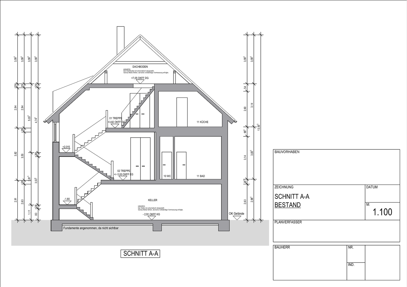Muster eines CAD-Gebäudeschnitts A-A aus einem Architektenaufmaß im Maßstab 1 zu 100
