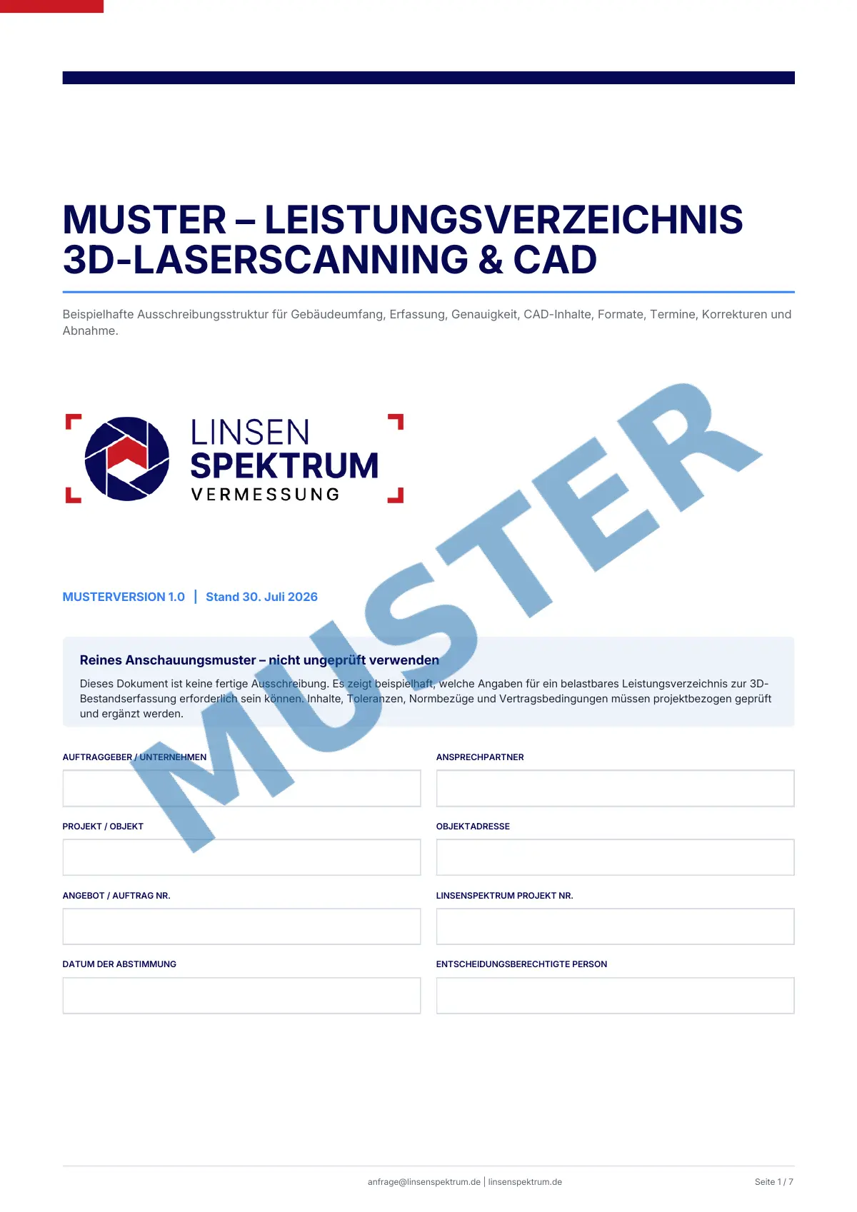 Titelseite des Muster-Leistungsverzeichnisses für 3D-Laserscanning und CAD mit diagonalem Muster-Wasserzeichen