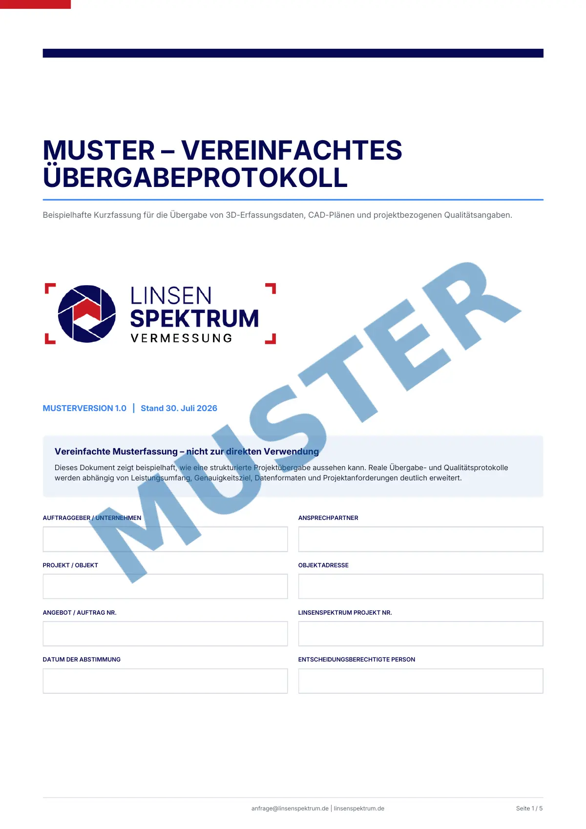 Titelseite des vereinfachten Muster-Übergabeprotokolls für 3D-Erfassungsdaten und CAD-Pläne mit diagonalem Wasserzeichen