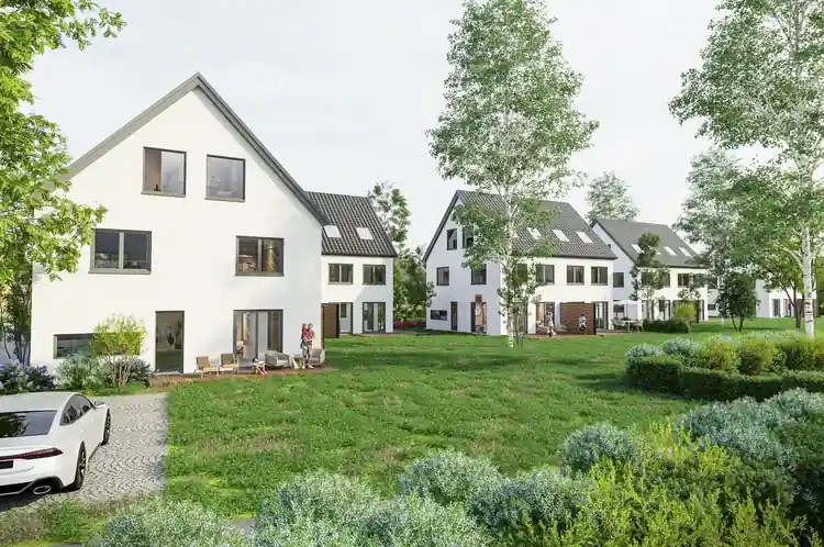 Exterior Rendering - Modernes Mehrfamilienhaus bei Daemmerung
