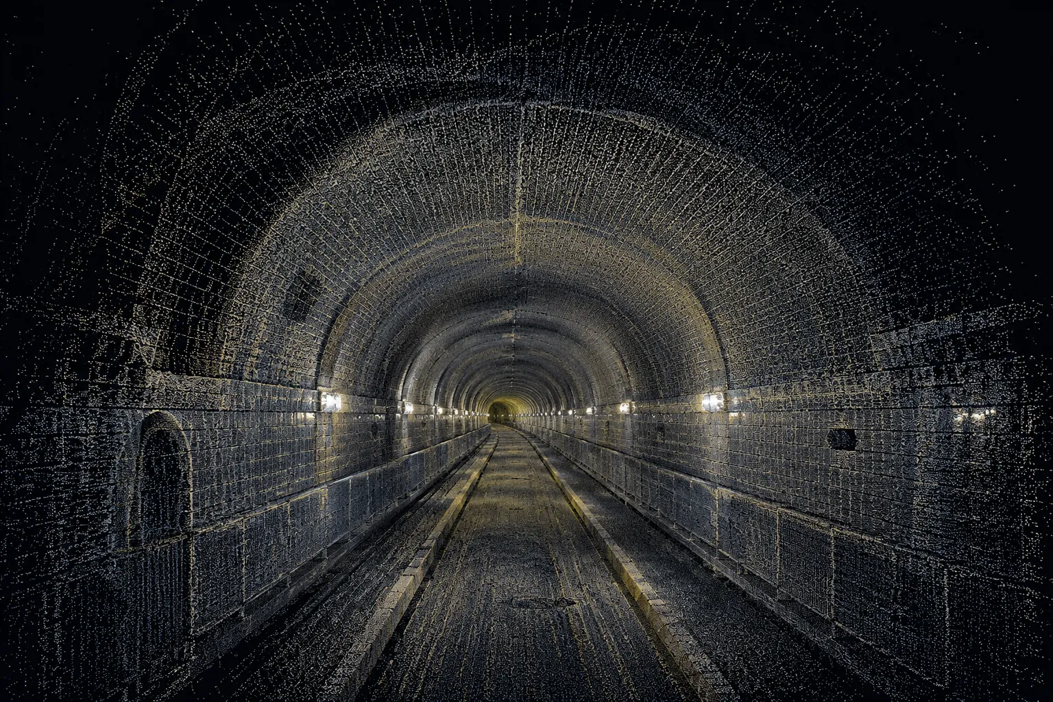 Tunnelvermessung – Punktwolke eines historischen Ziegelgewölbe-Tunnels von innen, Leica BLK360 Gen 2 Laserscanning