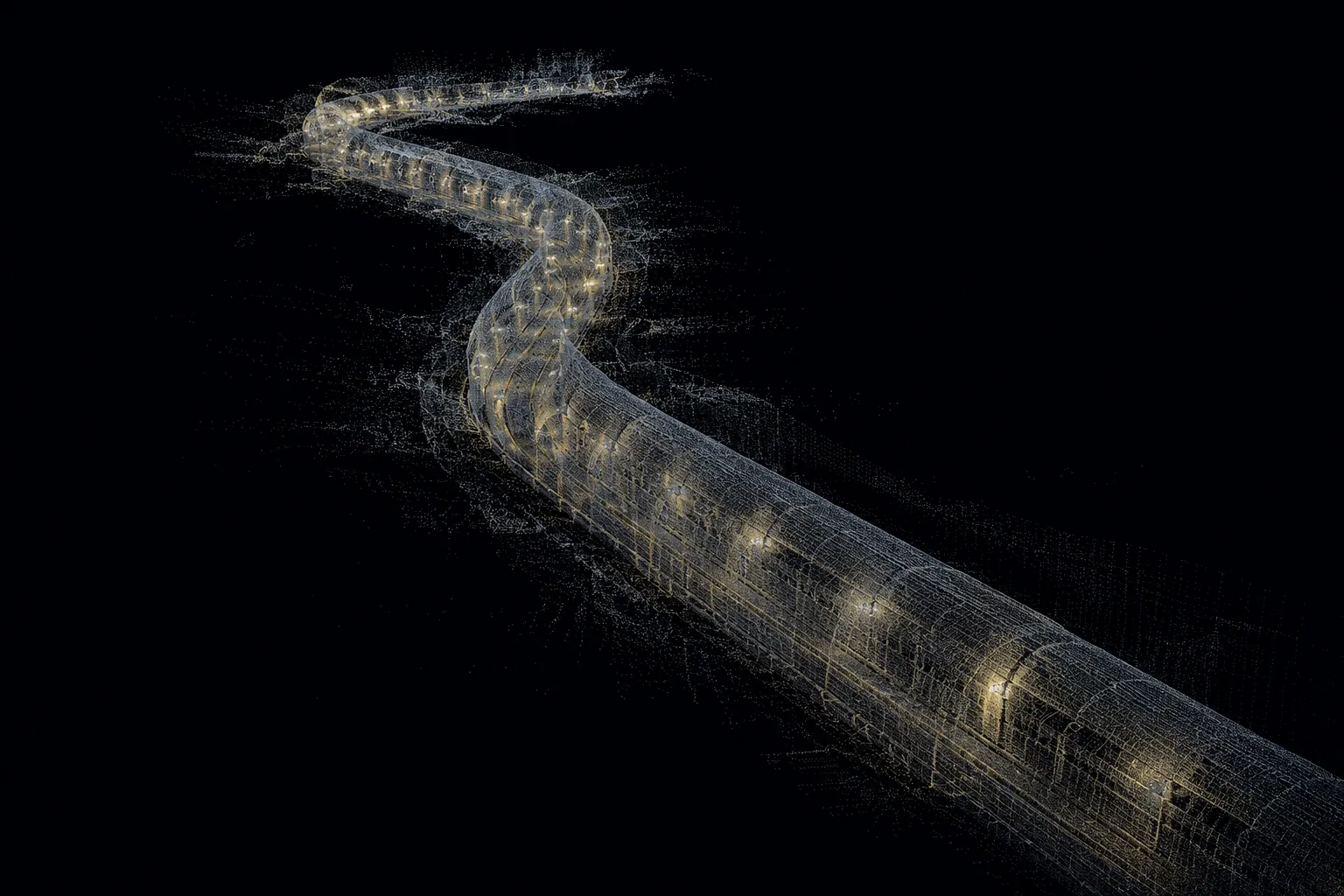 Tunnelvermessung – Punktwolke eines geschwungenen Tunnels in der Vogelperspektive, 3D-Laserscanning Bestandsdokumentation