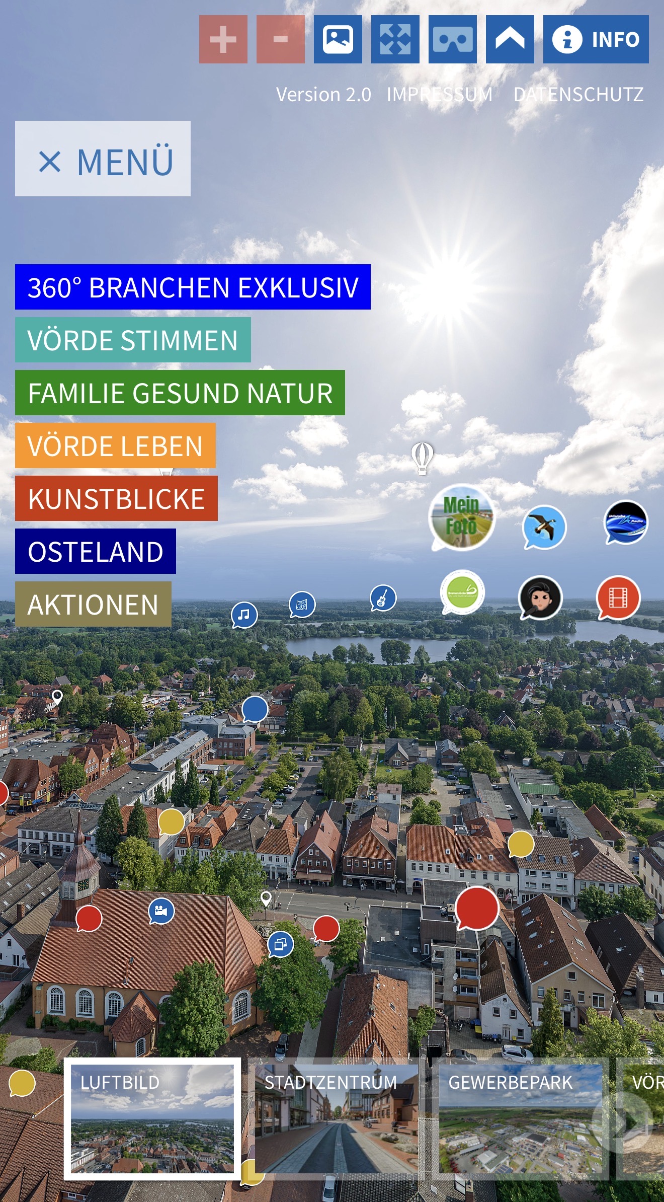 Bremervörde 360 – Menüstruktur mit farbigen Kategorien und Info-Buttons