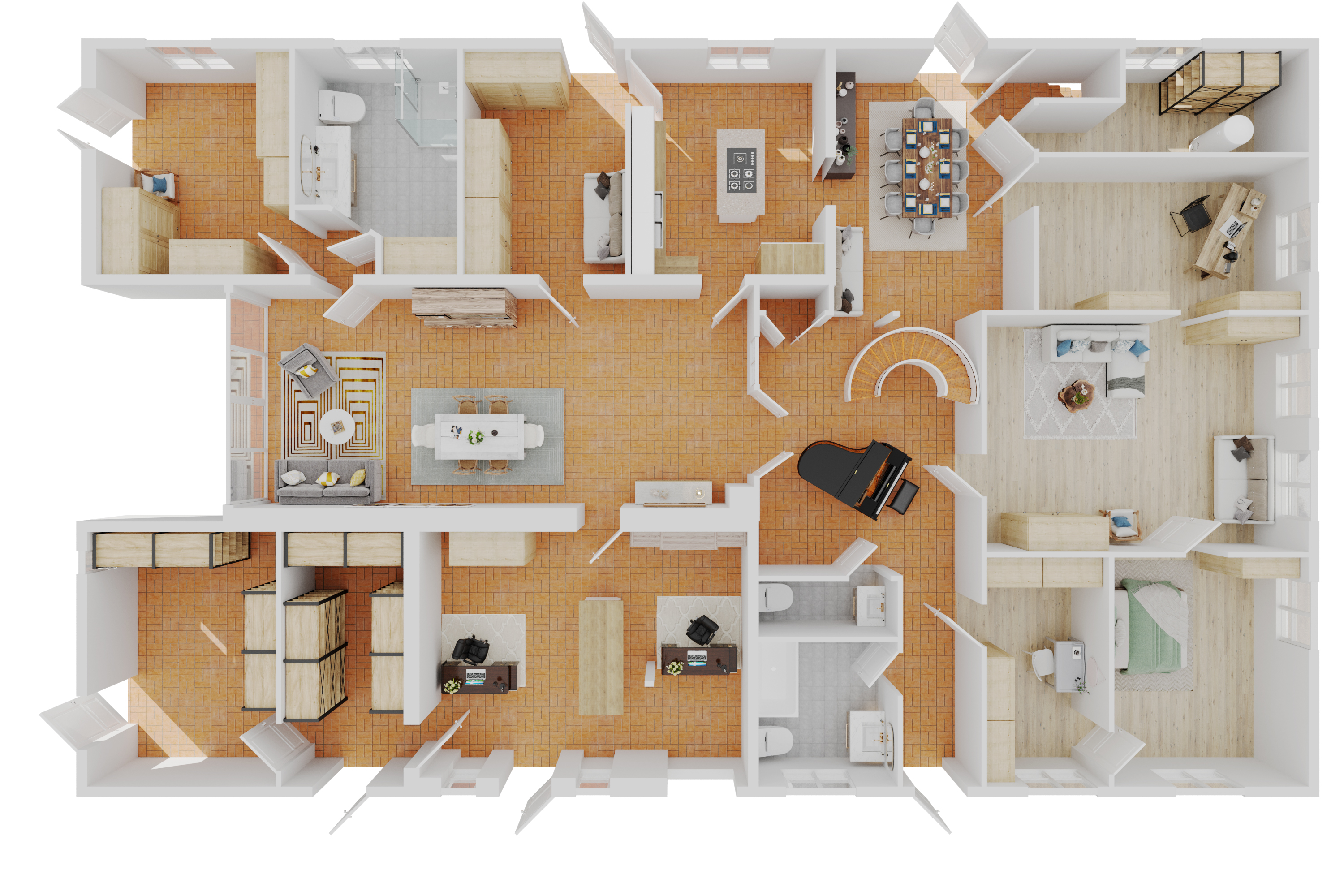 3D-Grundriss Villa – Großzügige Penthouse-Wohnung mit Terrakotta-Böden, Flügel und repräsentativen Räumen