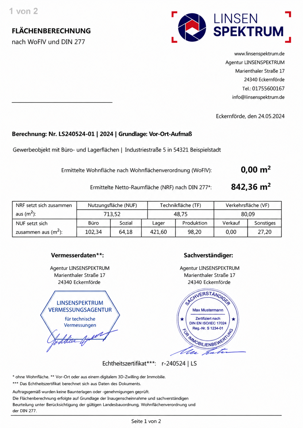 Flächenberechnung Deckblatt nach WoFlV und DIN 277 – Seite 1 von 2 mit Linsenspektrum-Logo und Sachverständigenstempel