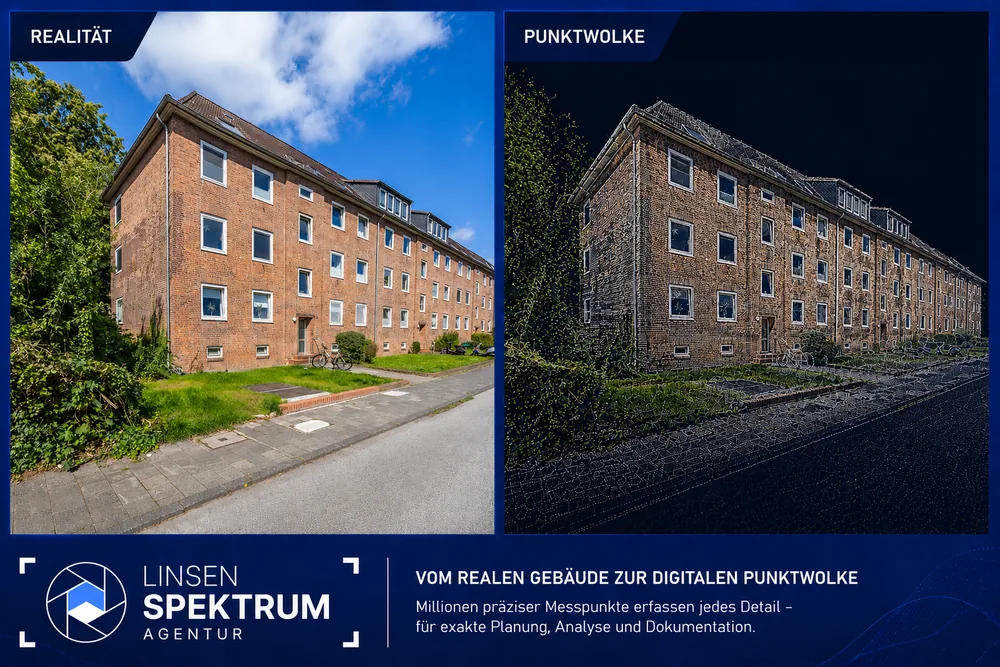 Vergleich: Reales Gebäude und digitale Punktwolke – Linsenspektrum